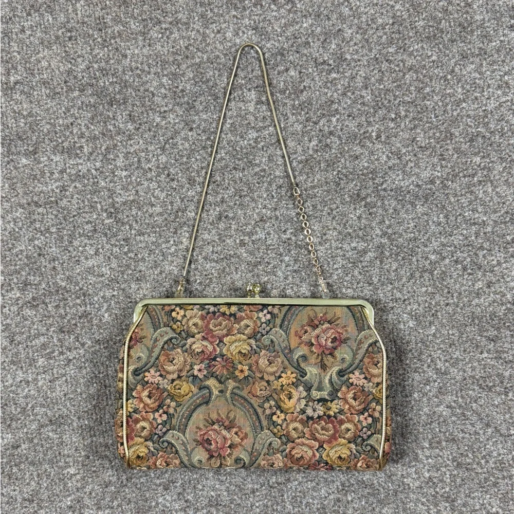 VTG Floral Tapestry Fabric Kiss Lock Clutch Hand Bag Purse Hide-able Chain Strap_3